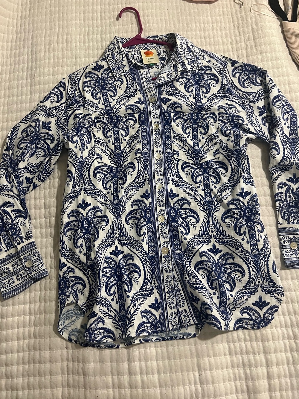 FARM Rio NWOT White Button-Down Shirt with Blue Printed Motif